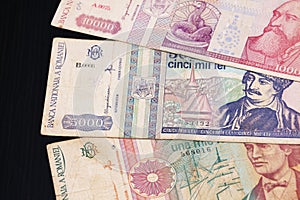 Romanian old money banknotes. Romania, post communist period money.