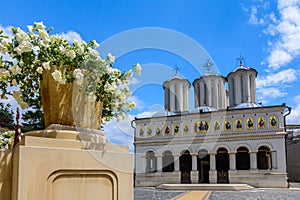 Romanian Patriarchal Cathedral on Dealul Mitropoliei 1665-1668, in Bucharest, Romania. Architectural details in close-up in a