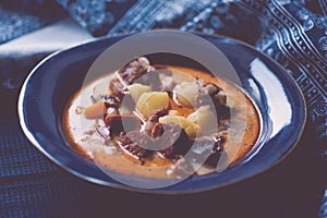 Romanian sour soup with potatoes and smoked pork photo