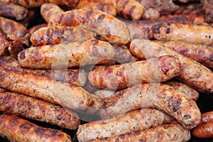 Romanian traditional grilled sausages sold on a street food stall
