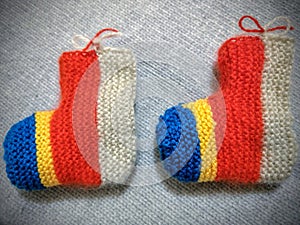 Romanian traditional hand knitted baby socks made of soft wool