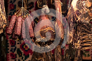 Romanian traditional meat products in smokehouse