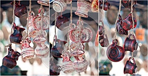 Romanian traditional pottery handcrafted mugs at a souvenir shop. Romanian traditional handcrafted pottery jugs to be sold