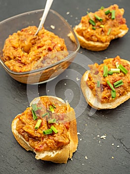 Romanian vegetable spread or zacusca, with roasted eggplant, onions tomato paste and roasted red peppers