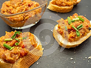 Romanian vegetable spread or zacusca, with roasted eggplant, onions tomato paste and roasted red peppers