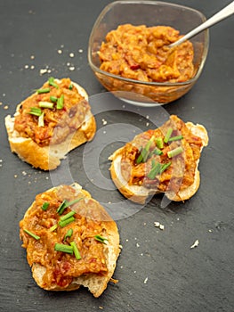 Romanian vegetable spread or zacusca, with roasted eggplant, onions tomato paste and roasted red peppers