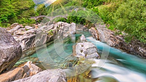 The romanic historic bridge Ponte Dei Salti Bridge in Lavertezzo, Verzasca Valley, ticino, Switzerland. Travel concept.