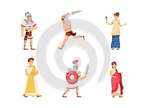 Romans Man and Woman in Traditional Ethnic Clothing with Warrior and Patrician Vector Illustration Set