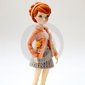 Romantic Academia Crochet Doll With Orange Hair And Grey Shirt