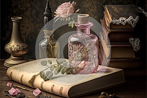 Romantic academia still life with old books, pink roses, elegant bottle, ink and quill on dark