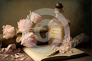 Romantic academia still life with Victorian old books, pink roses, elegant bottle, silk or lace ribbons, ink and quill on dark