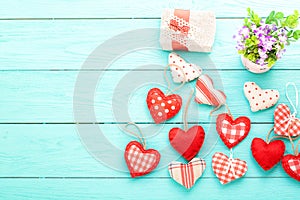 Romantic accessories and copy space on blue wooden background. Mother and Valentine day. Mock up. gift box
