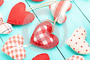 Romantic accessories and copy space on blue wooden background. Top view. Mock up and copy space. Mother Valentine day.