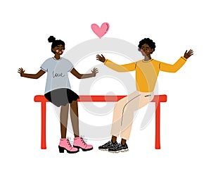 Romantic African American Couple Sitting on Bench, First Dating Concept Vector Illustration