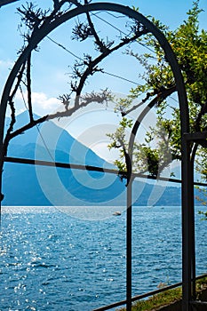 Romantic alley in the garden with the view of the lake and Swiss Alps.