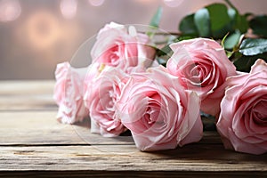 Romantic allure Pink roses on rustic board, vintage festivity