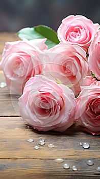 Romantic allure Pink roses on rustic board, vintage festivity