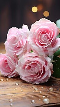 Romantic allure Pink roses on rustic board, vintage festivity