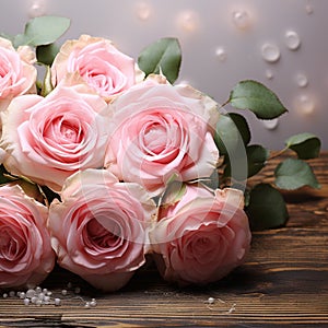 Romantic allure Pink roses on rustic board, vintage festivity