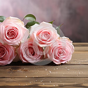 Romantic allure Pink roses on rustic board, vintage festivity