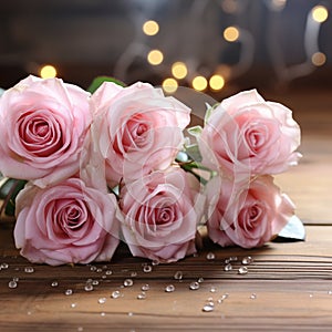 Romantic allure Pink roses on rustic board, vintage festivity