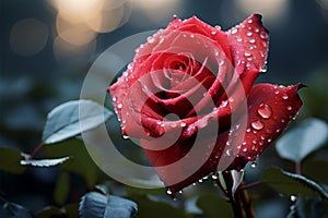 Romantic allure Red rose with glistening dew drops on bokeh