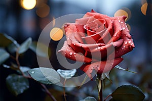 Romantic allure Red rose with glistening dew drops on bokeh