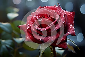 Romantic allure Red rose with glistening dew drops on bokeh