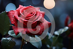 Romantic allure Red rose with glistening dew drops on bokeh