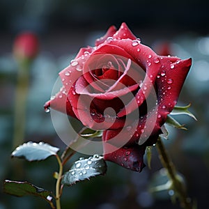 Romantic allure Red rose with glistening dew drops on bokeh