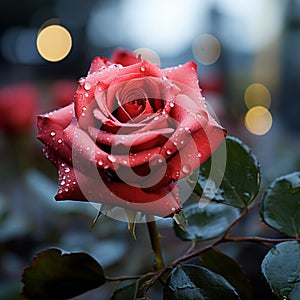 Romantic allure Red rose with glistening dew drops on bokeh