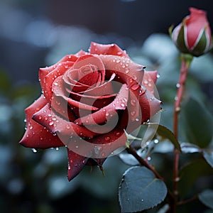 Romantic allure Red rose with glistening dew drops on bokeh