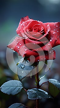 Romantic allure Red rose with glistening dew drops on bokeh