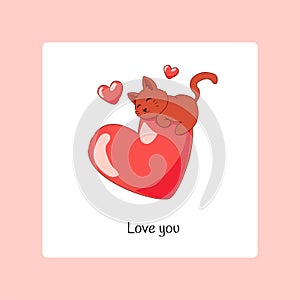 Romantic animals poster. Cartoon cat in love. Valentine greeting card. Cute kitten on red heart. Kitty character