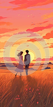 Romantic Anime Art: A Couple Walking In A Sunset Field