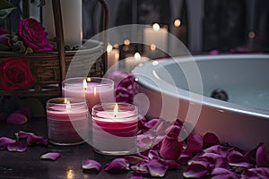 Romantic atmosphere. Burning scented candles and rose petals.