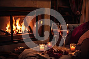 Romantic Atmosphere with Candles and Champagne for Valentine\'s Day Evening at Home