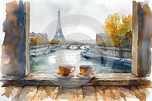 Romantic atmosphere in Parisian bar and Eiffel tower and Seine river view.