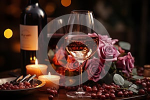 Romantic atmosphere Red wine burning candles roses