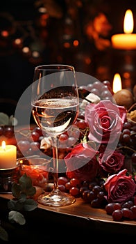 Romantic atmosphere Red wine burning candles roses