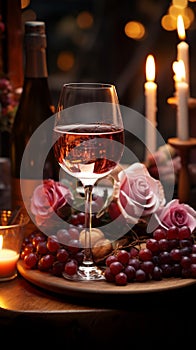 Romantic atmosphere Red wine burning candles roses