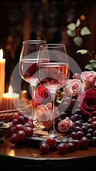 Romantic atmosphere Red wine burning candles roses