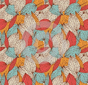 Romantic autumn floral seamless pattern. Beautiful endless linear background with leaves. Vintage leaves texture.