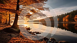 Romantic Autumn Scene Serene Lake Surrounded By Dramatic Trees