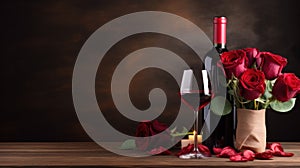 Romantic backdrop with wine, roses, and ample space for intimate expressions