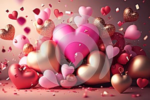 Romantic background with balloon hearts. Generative ai