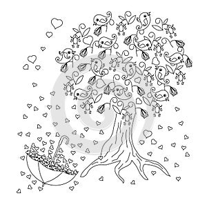 Romantic background with blooming tree, loving birds, umbrella, hearts, black and white hand drawn