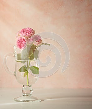 Romantic background: a branch of roses in a glass. A festive concept for Valentine`s Day, wedding, birthday, a significant date.I photo