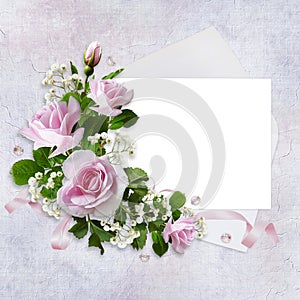 Romantic background with card for text, beautiful pink roses, envelope and ribbon