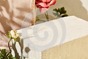 Romantic background with concrete podium and flower for product presentation. Spa product mockup. Mock up for cosmetics with